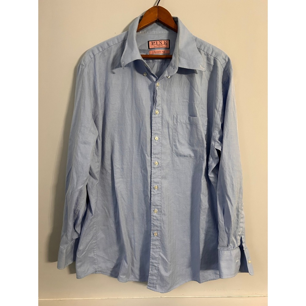 Thomas Pink Personally Pink Blue Herringbone Cotton Button Down Shirt Mens L